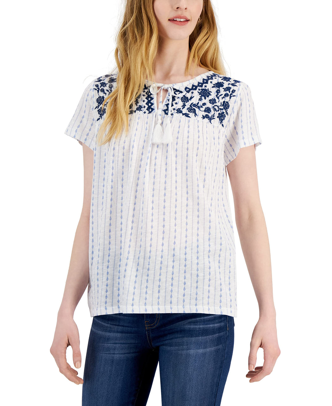 Style & Co Petite Split Neck Embroidered Top