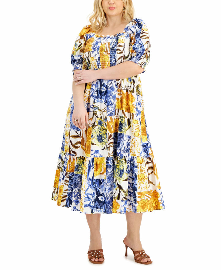 INC International Concepts Plus Size Printed Smocked Puff Sleeve A Line Dress