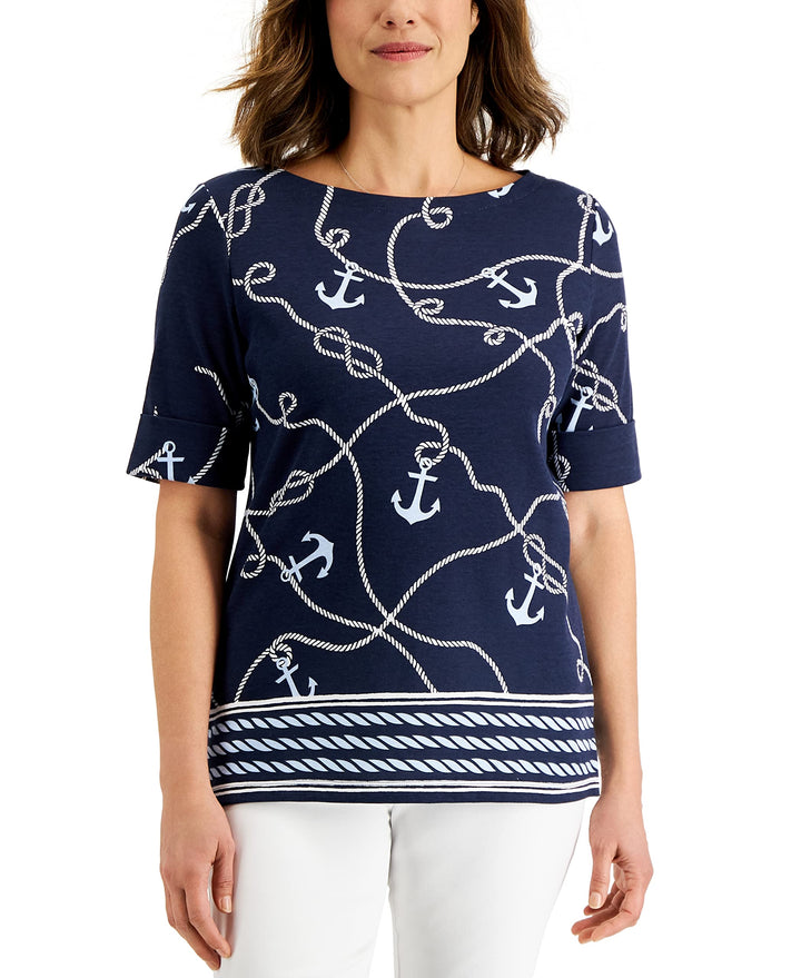Karen Scott Petite Anchor Print Boatneck Top