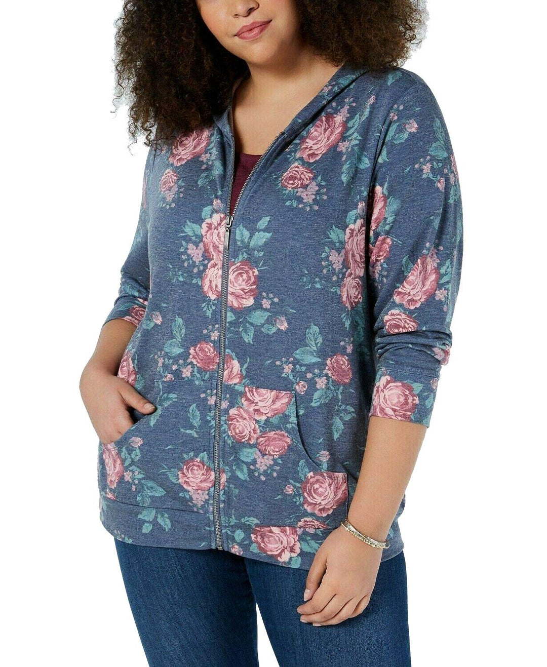 Floral-Print Zip-Up Hoodie Top