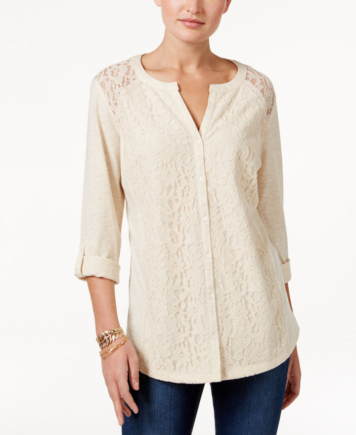 Style & Co Petite Lace Roll Tab Top