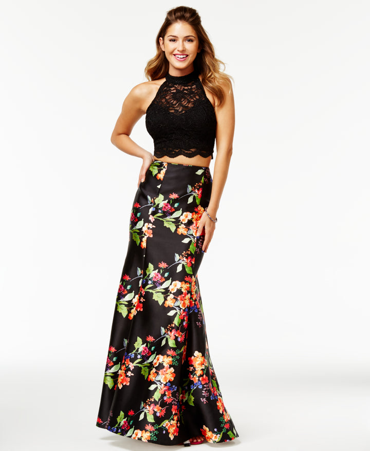 City Studios Juniors' 2-Pc. Lace Open-Back Floral-Print Dress