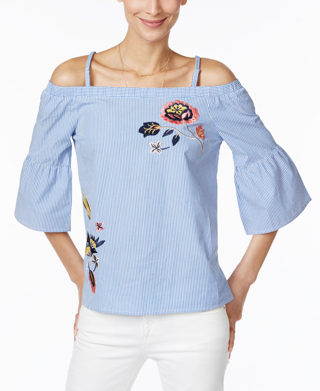 INC International Concepts Cotton Embroidered Cold Shoulder Top