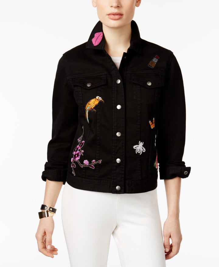 NY Collection Cotton Patched Denim Jacket