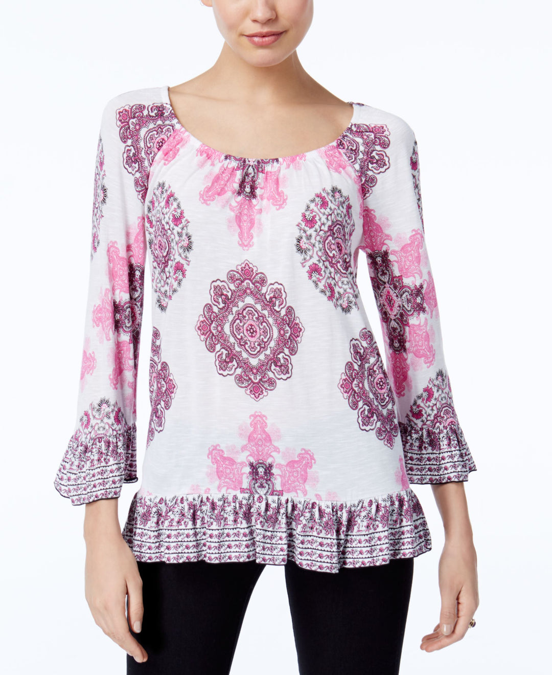 INC International Concepts Petite Printed Flounce Peasant Top