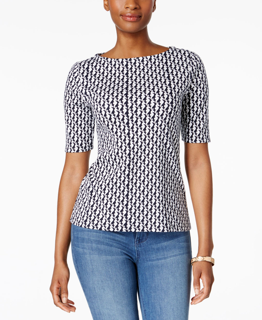 Charter Club Cotton Printed Boat Neck Top