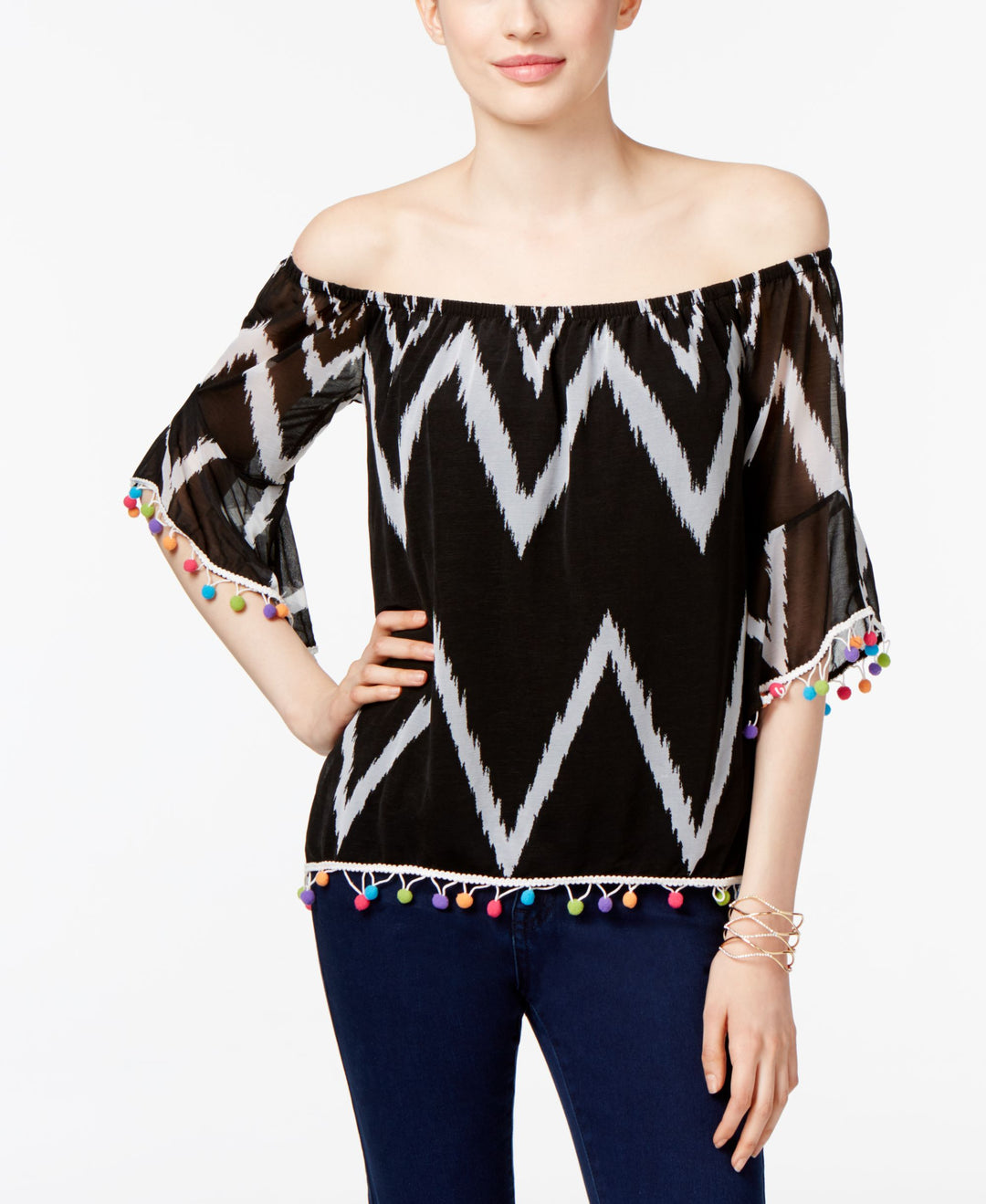 INC International Concepts Petite Printed Pom Pom Off The Shoulder Top