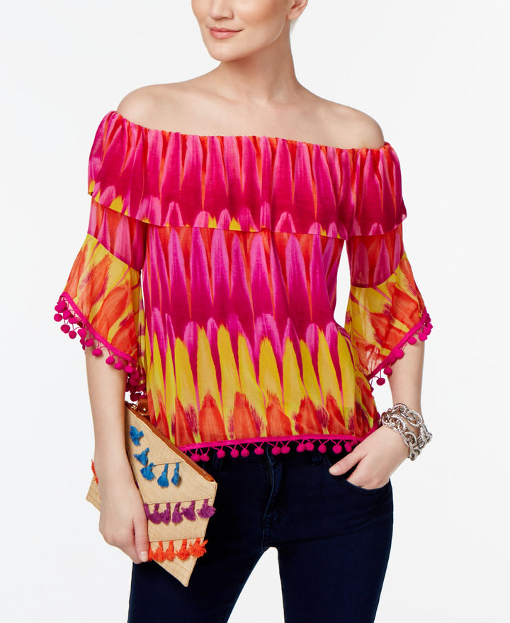INC International Concepts Petite Printed Off The Shoulder Pom Pom Ruffle Top