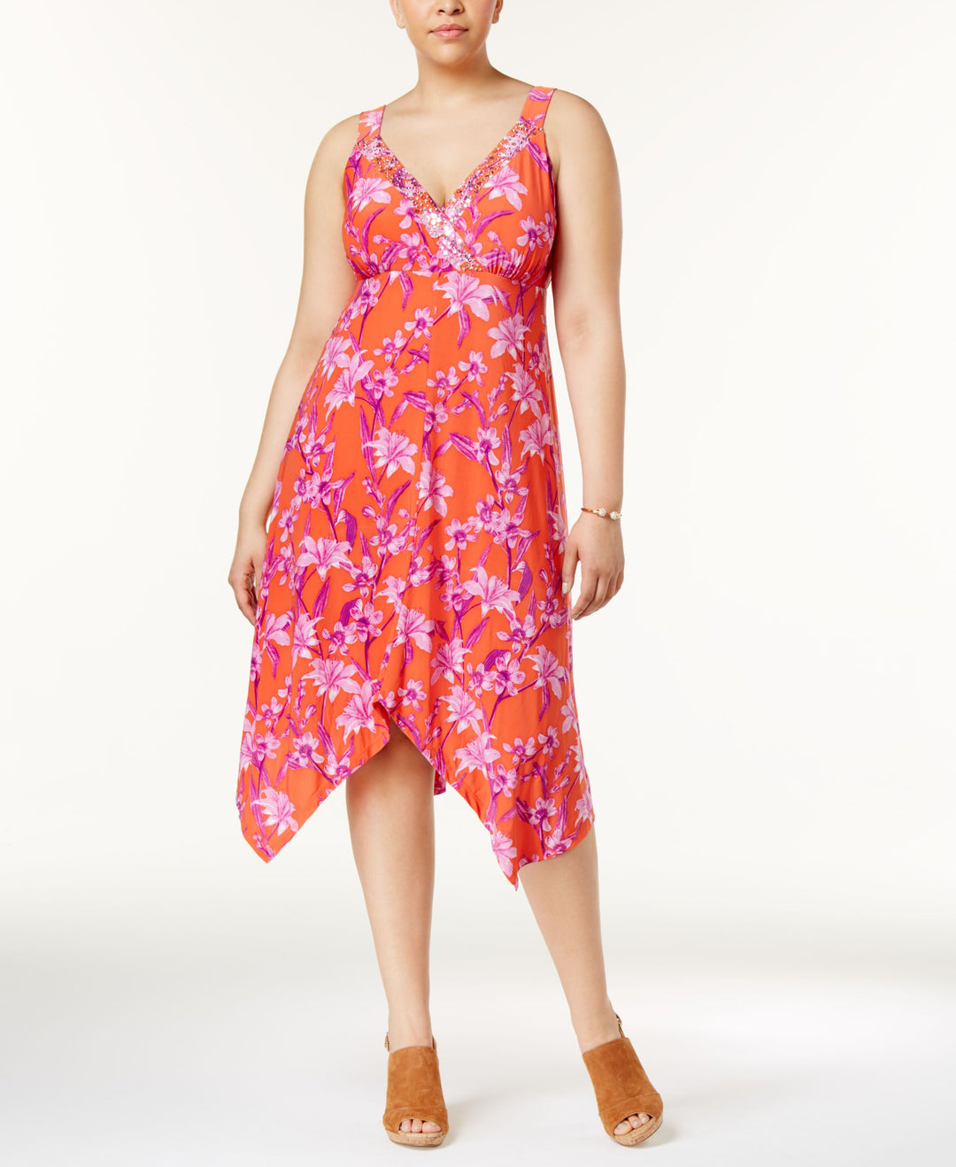 INC International Concepts Plus Size Printed Handkerchief Hem Dress