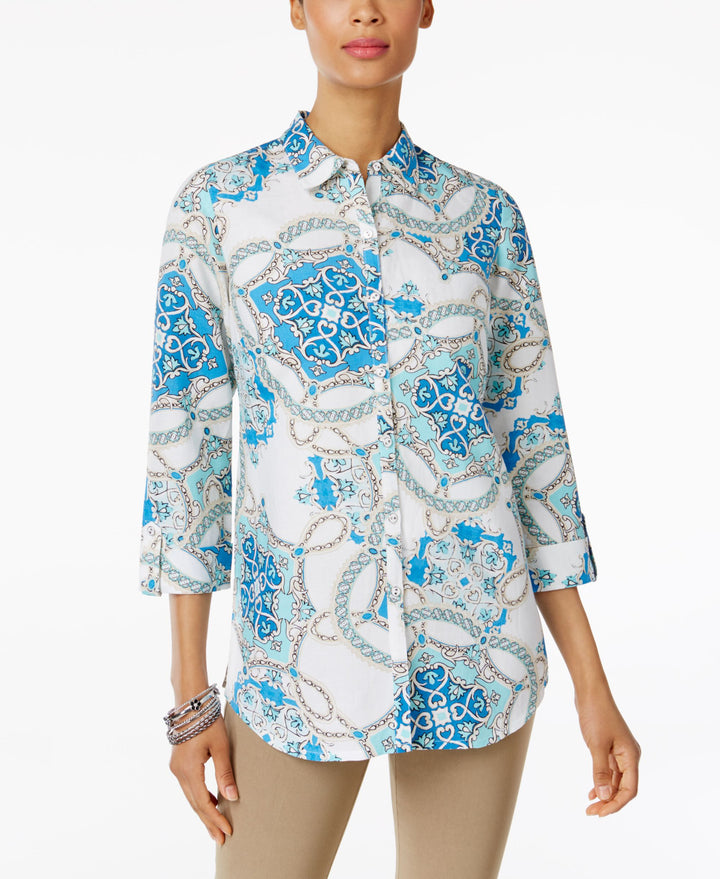 JM Collection Printed Roll Tab Shirt