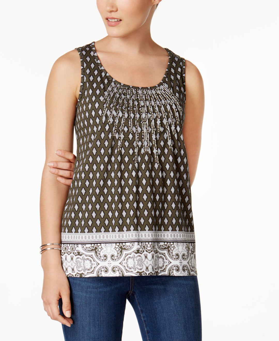 Charter Club Petite Embroidered Mixed Print Top