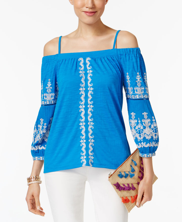 INC International Concepts Petite Embroidered Cold Shoulder Top