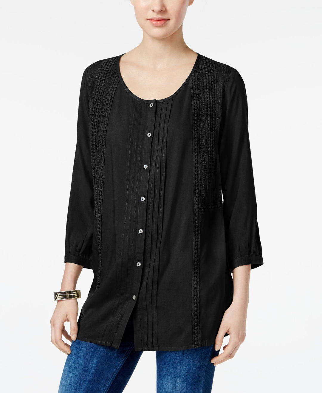 JM Collection Pleated Crochet Trim Blouse