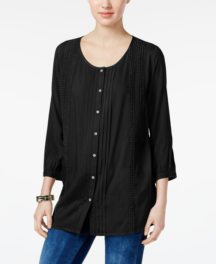 JM Collection Pleated Crochet Trim Blouse
