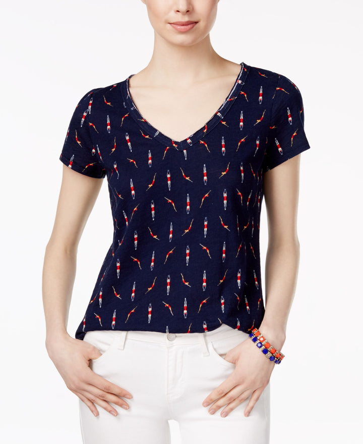 Maison Jules Cotton Printed V Neck T-Shirt