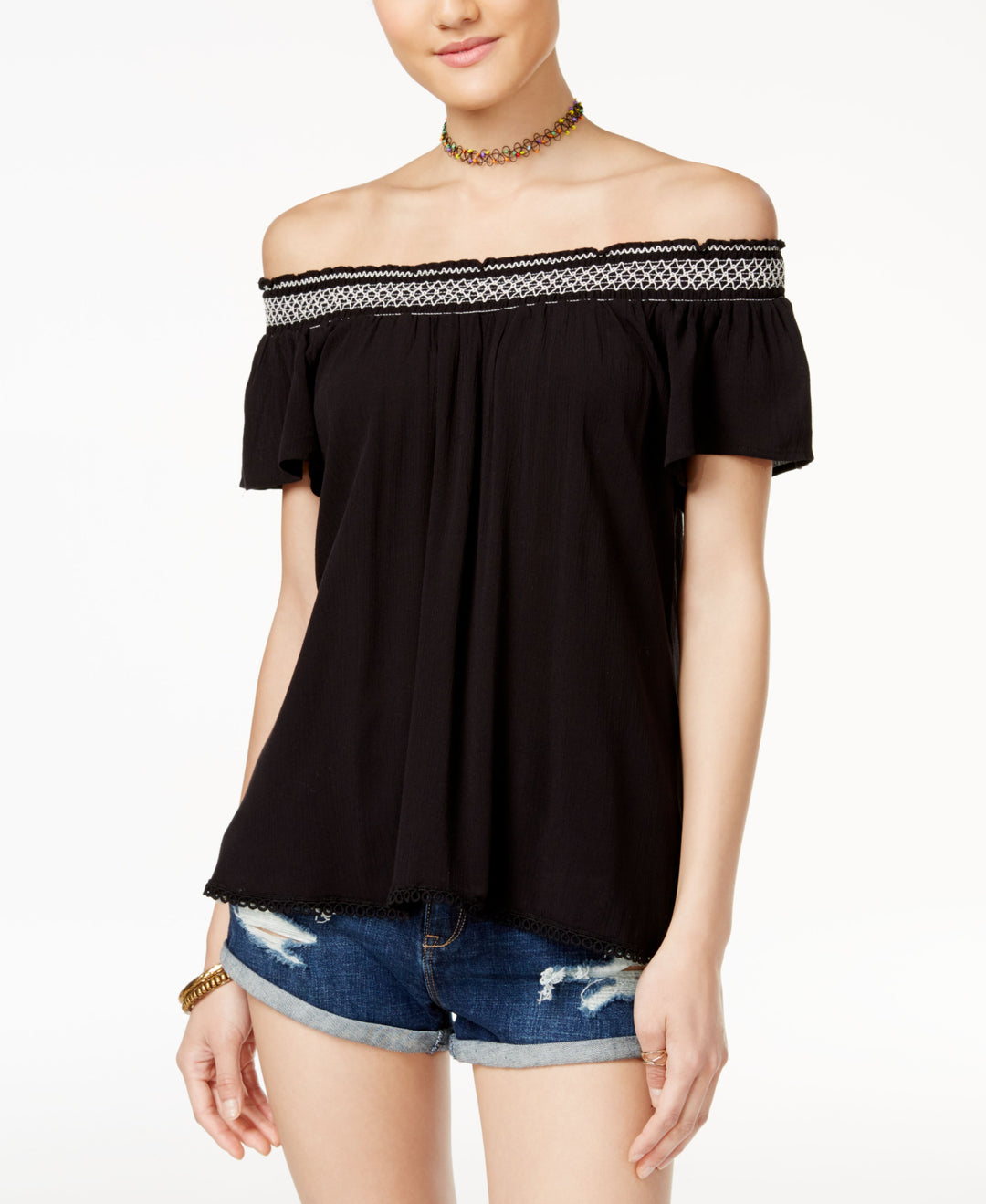 Self E Juniors Crochet Trim Off The Shoulder Peasant Top