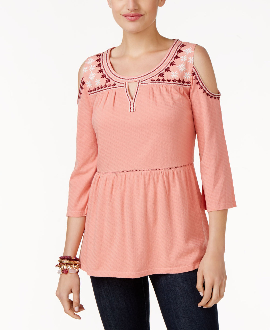 Style & Co Embroidered Cold Shoulder Top