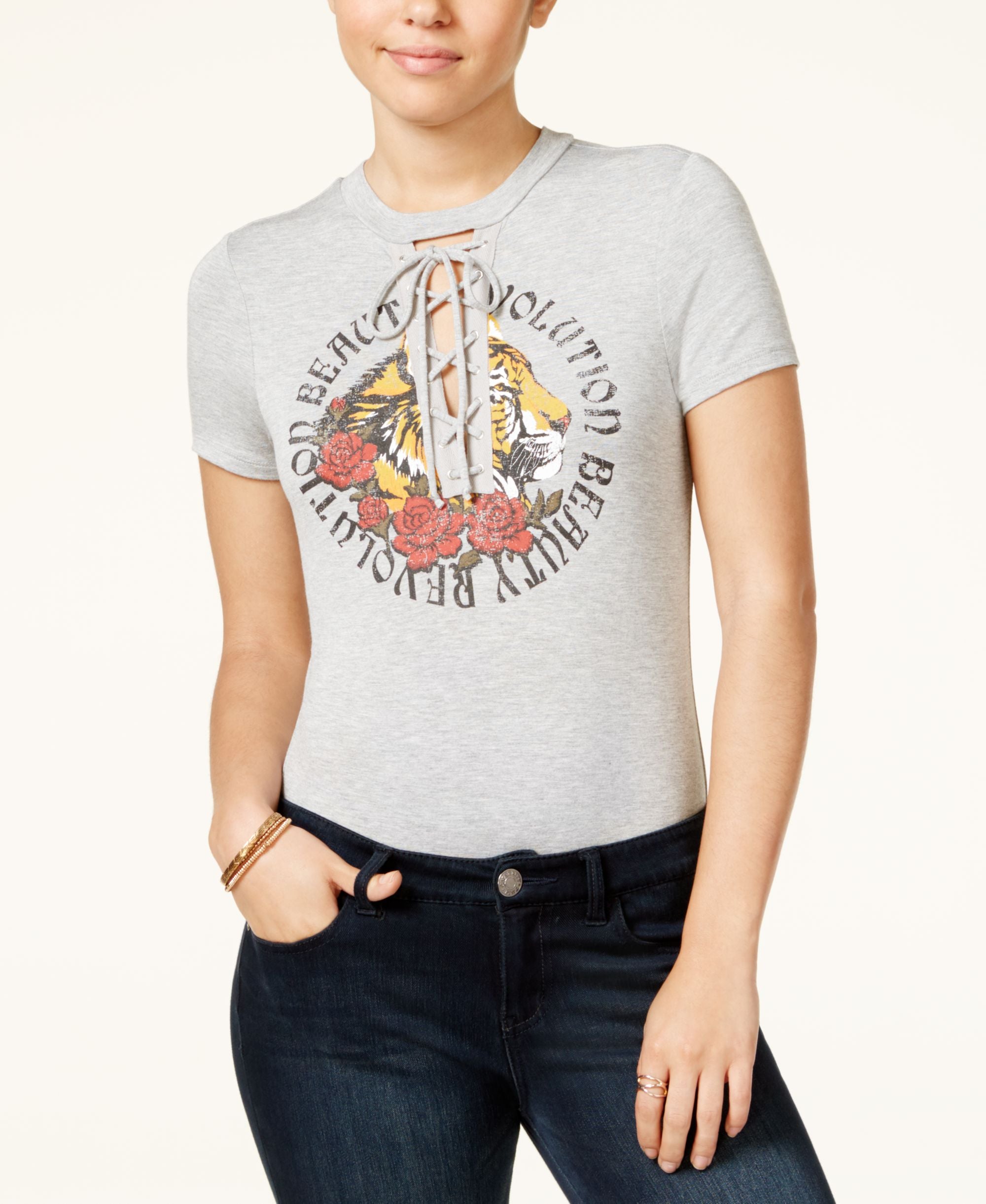 Material Girl Juniors Tiger Rose Lace Up Graphic Bodysuit