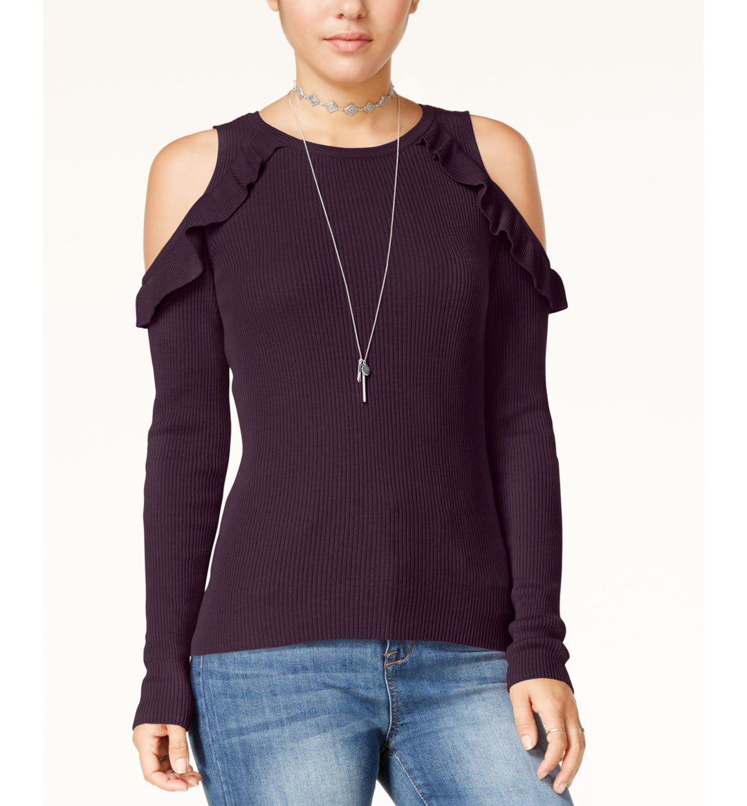 Hippie Rose Juniors Cold Shoulder Ruffled Sweater