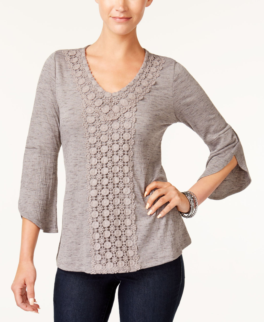 Style & Co Crochet Trim Bell Sleeve Top