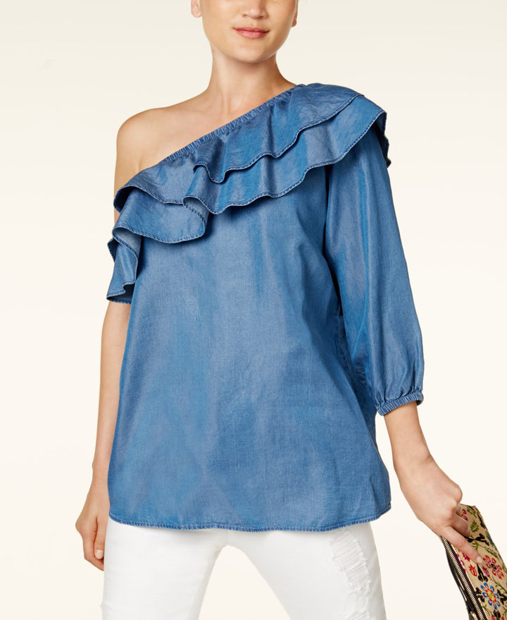 INC International Concepts One Shoulder Ruffled Chambray Top