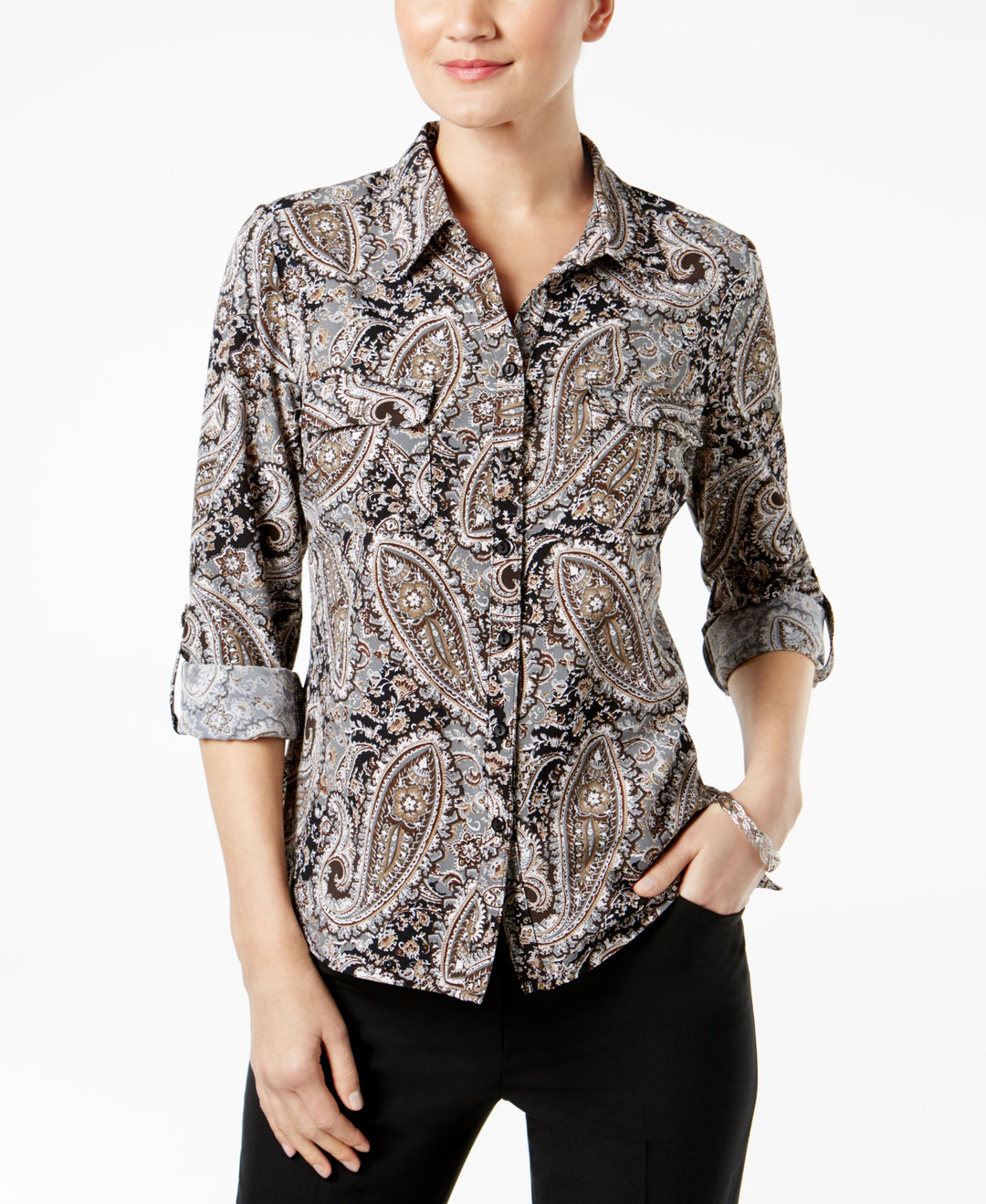 NY Collection Petite Printed Utility Shirt