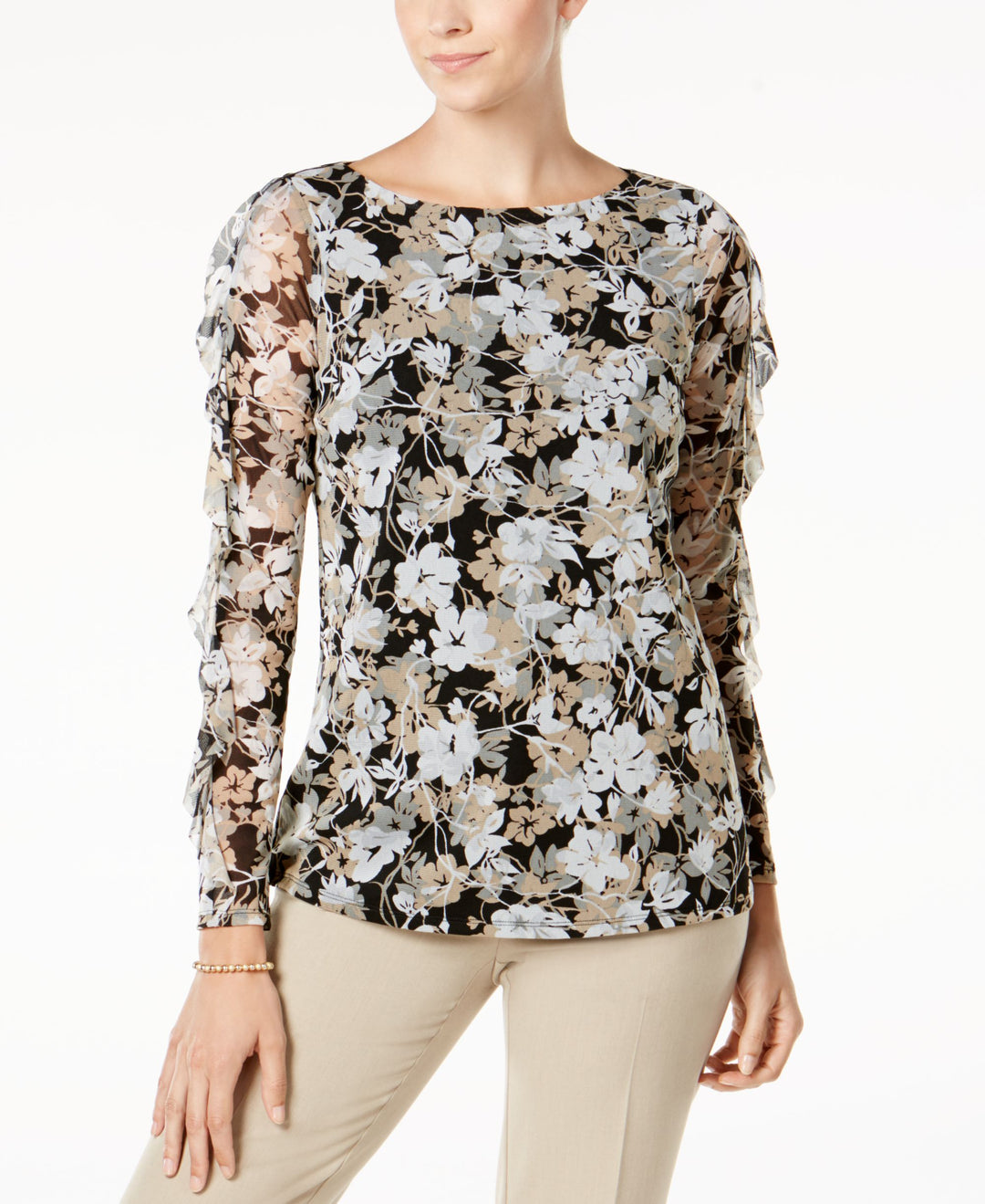 Charter Club Floral Print Ruffled Sleeve Mesh Top