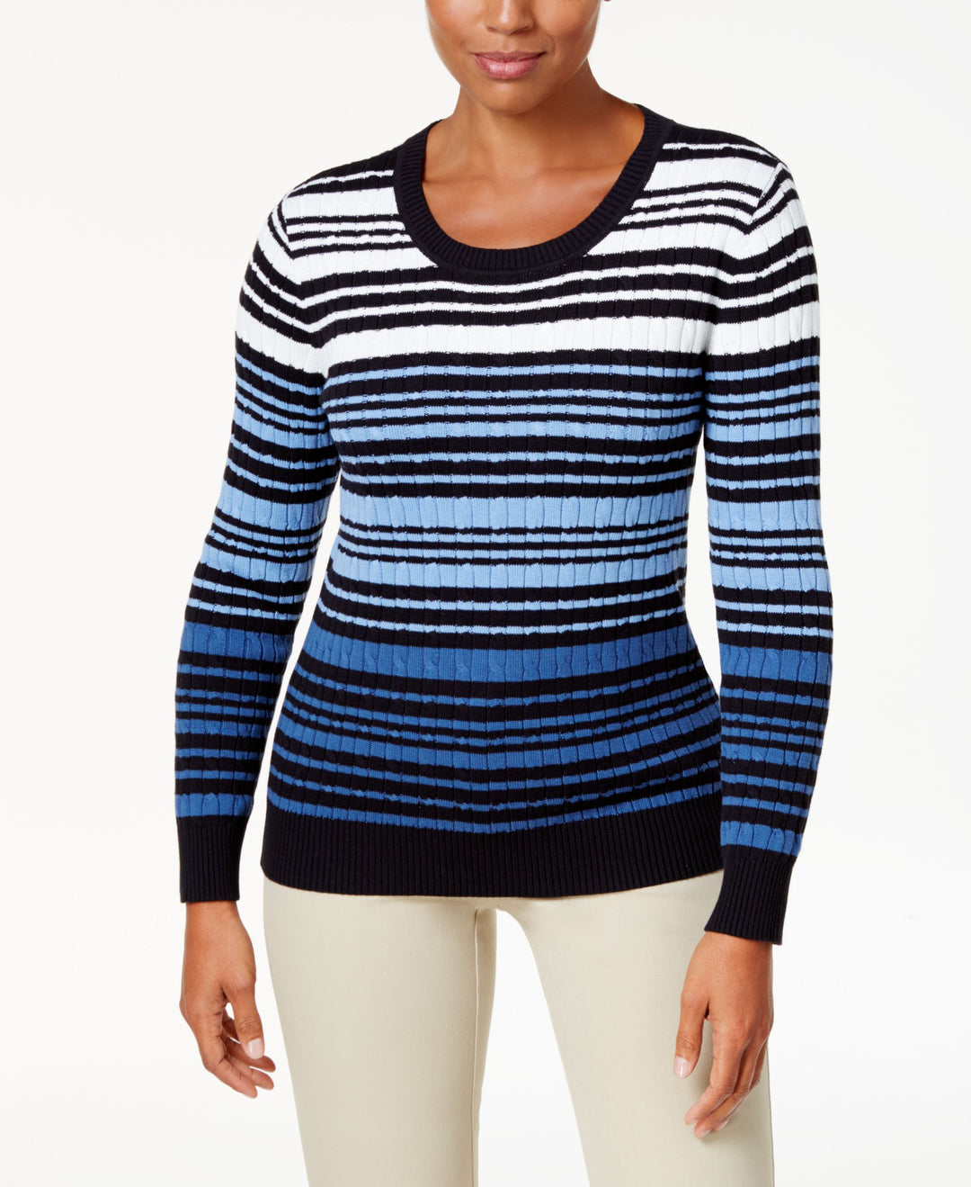 Karen Scott Cotton Striped Cable Knit Sweater