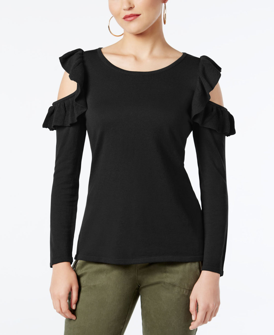 INC International Concepts Petite Ruffled Cold Shoulder Sweater