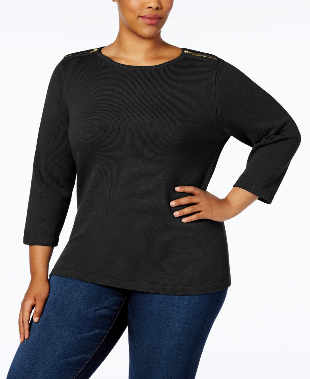 Karen Scott Plus Size Cotton Zip Shoulder Sweater