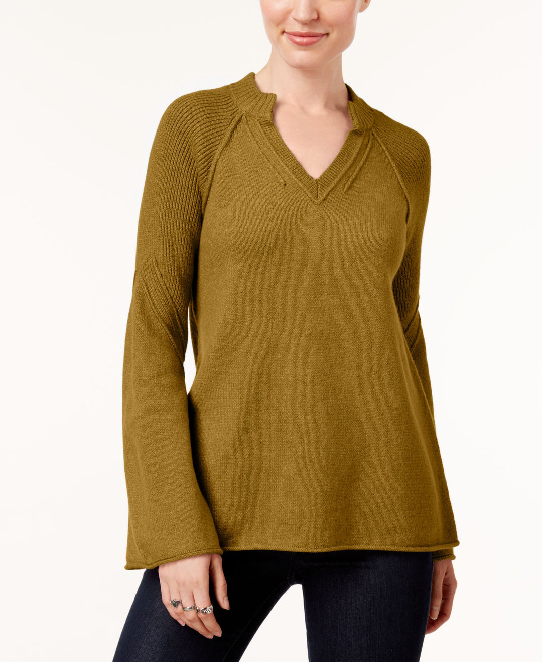 Split-Neck Bell-Sleeve Sweater