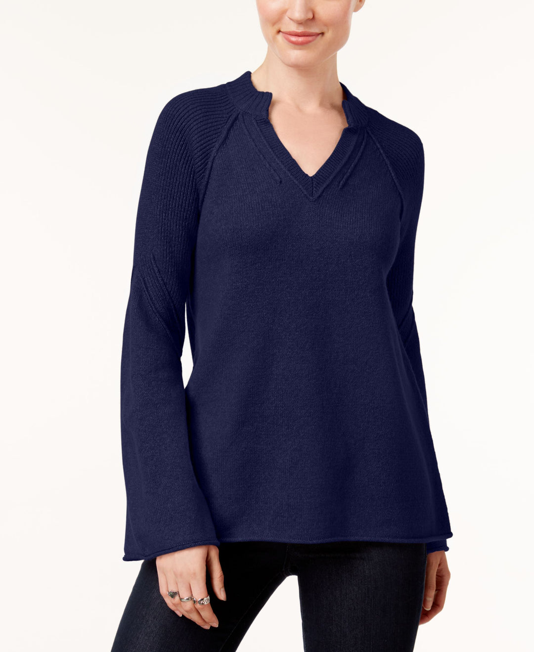 Split-Neck Bell-Sleeve Sweater