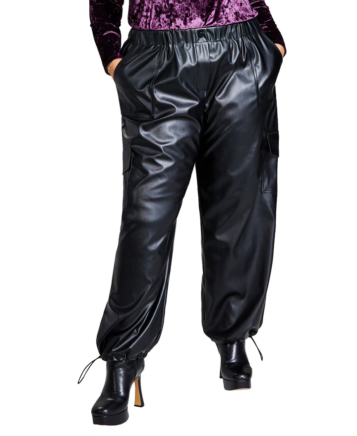 Trendy Plus Size Faux-Leather Wide-Leg Cargo Pants
