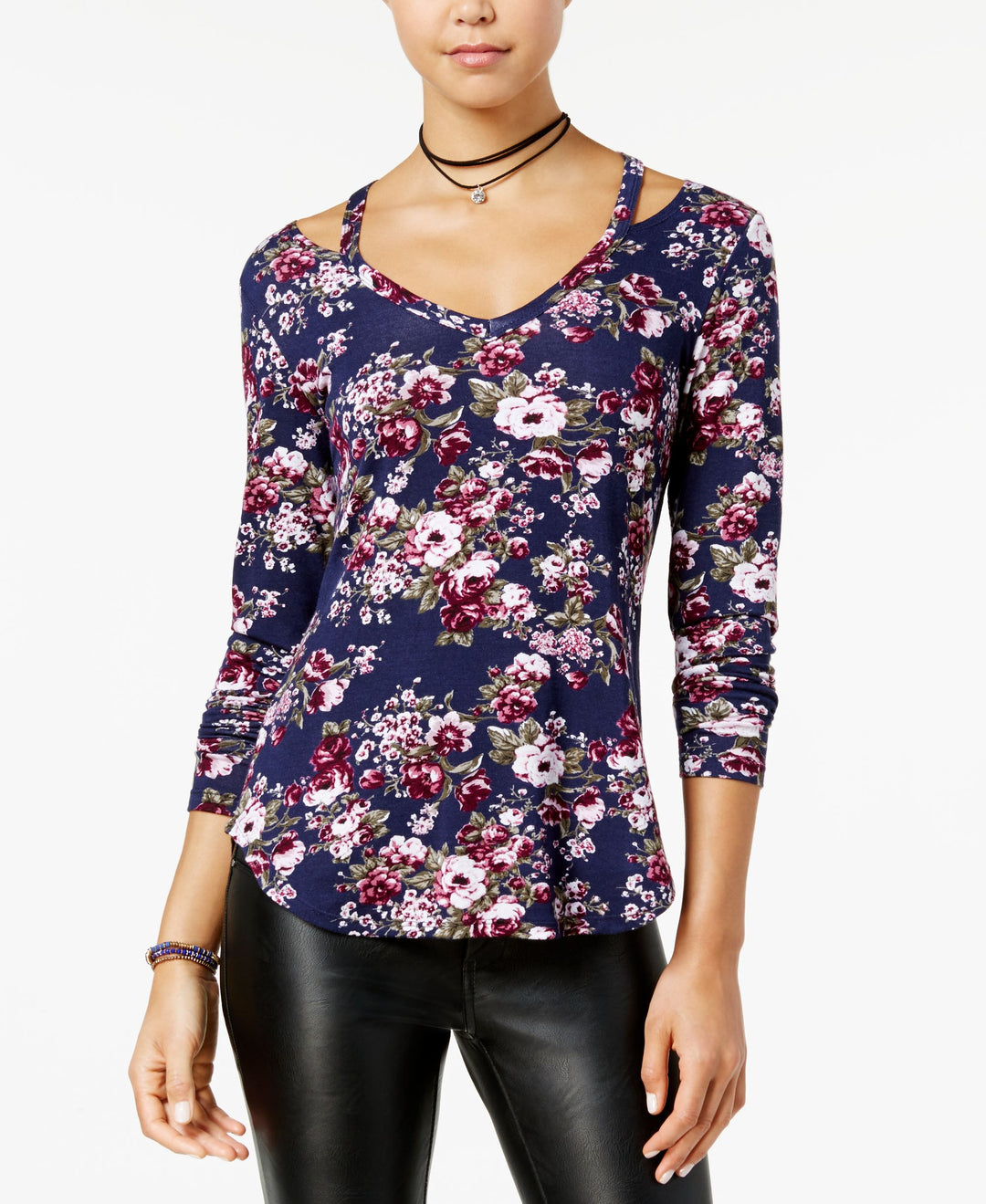 Juniors' Printed Cutout-Neck Top