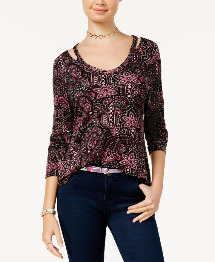 Juniors' Printed Cutout-Neck Top