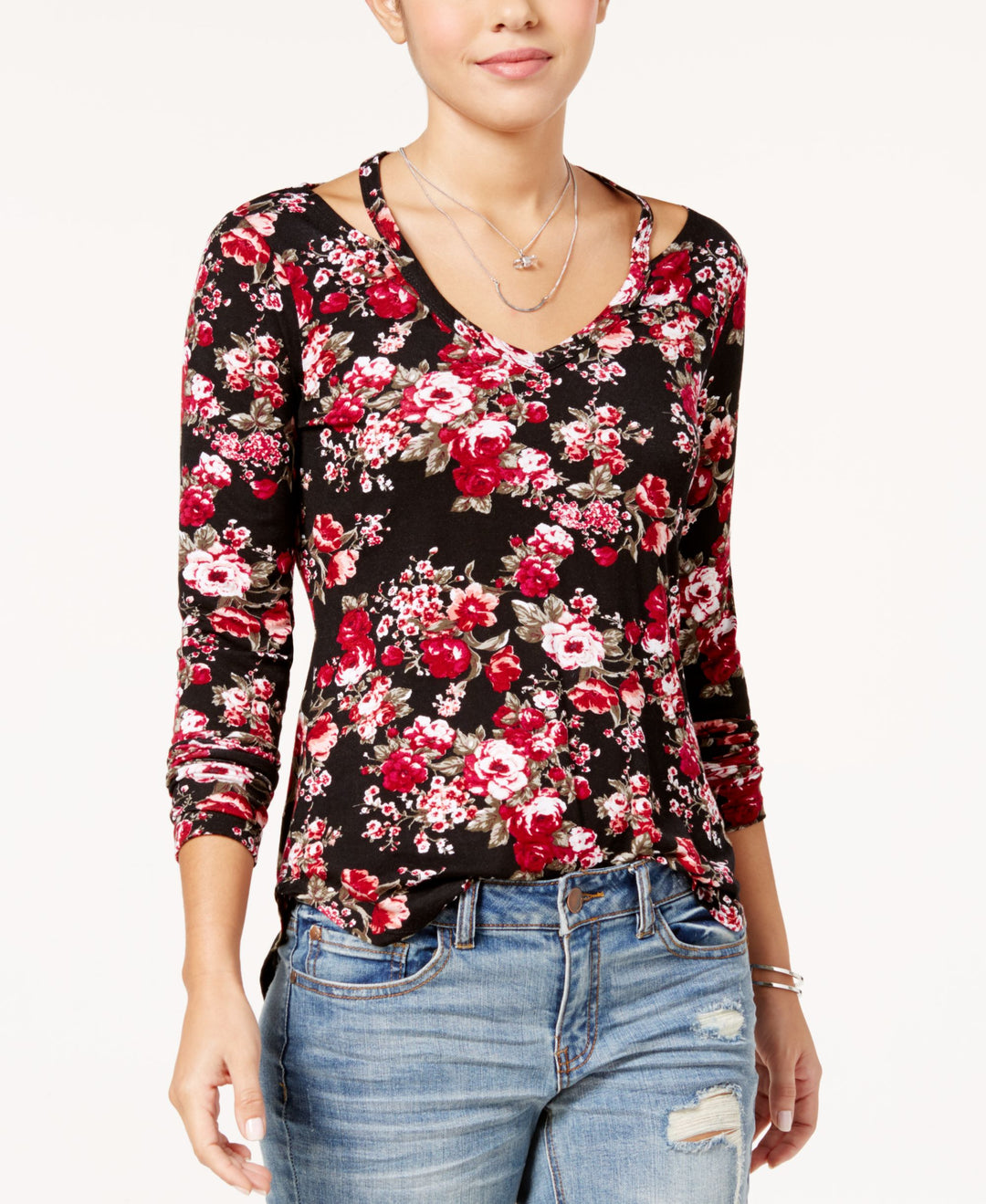 Juniors' Printed Cutout-Neck Top