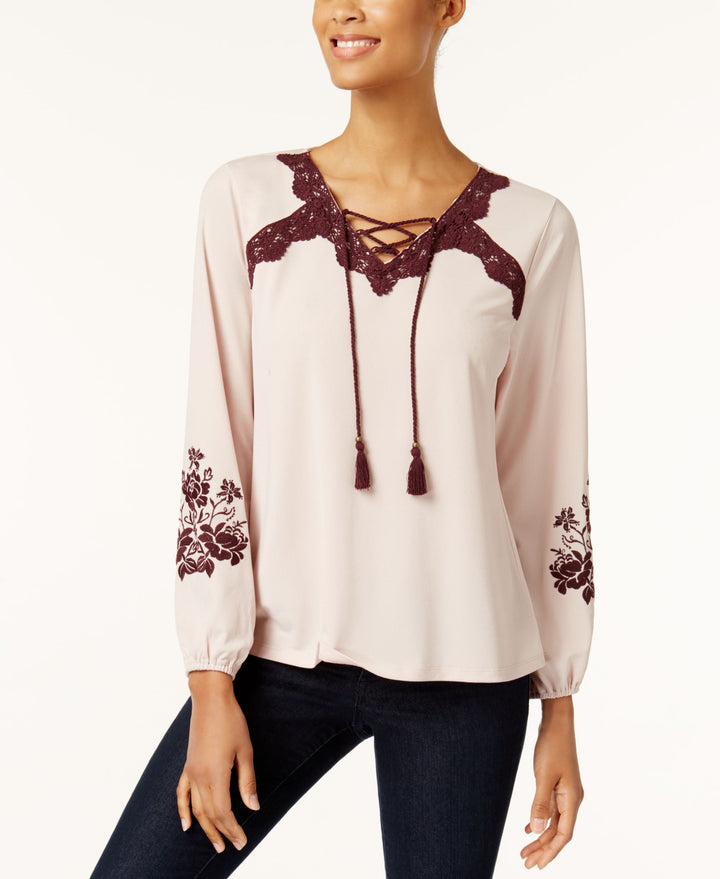 Style & Co Embroidered Lace Up Top