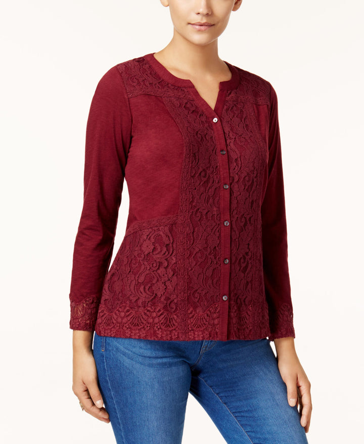Style & Co Petite Lace Button Front Top
