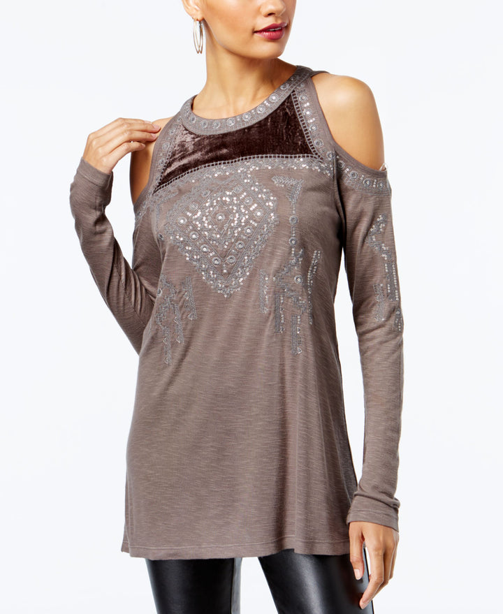 Petite Velvet Trim Cold Shoulder Top