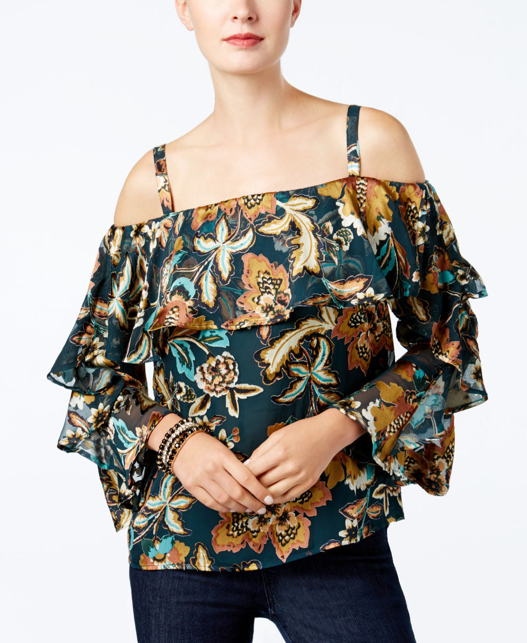 INC International Concepts Ruffled Cold Shoulder Top