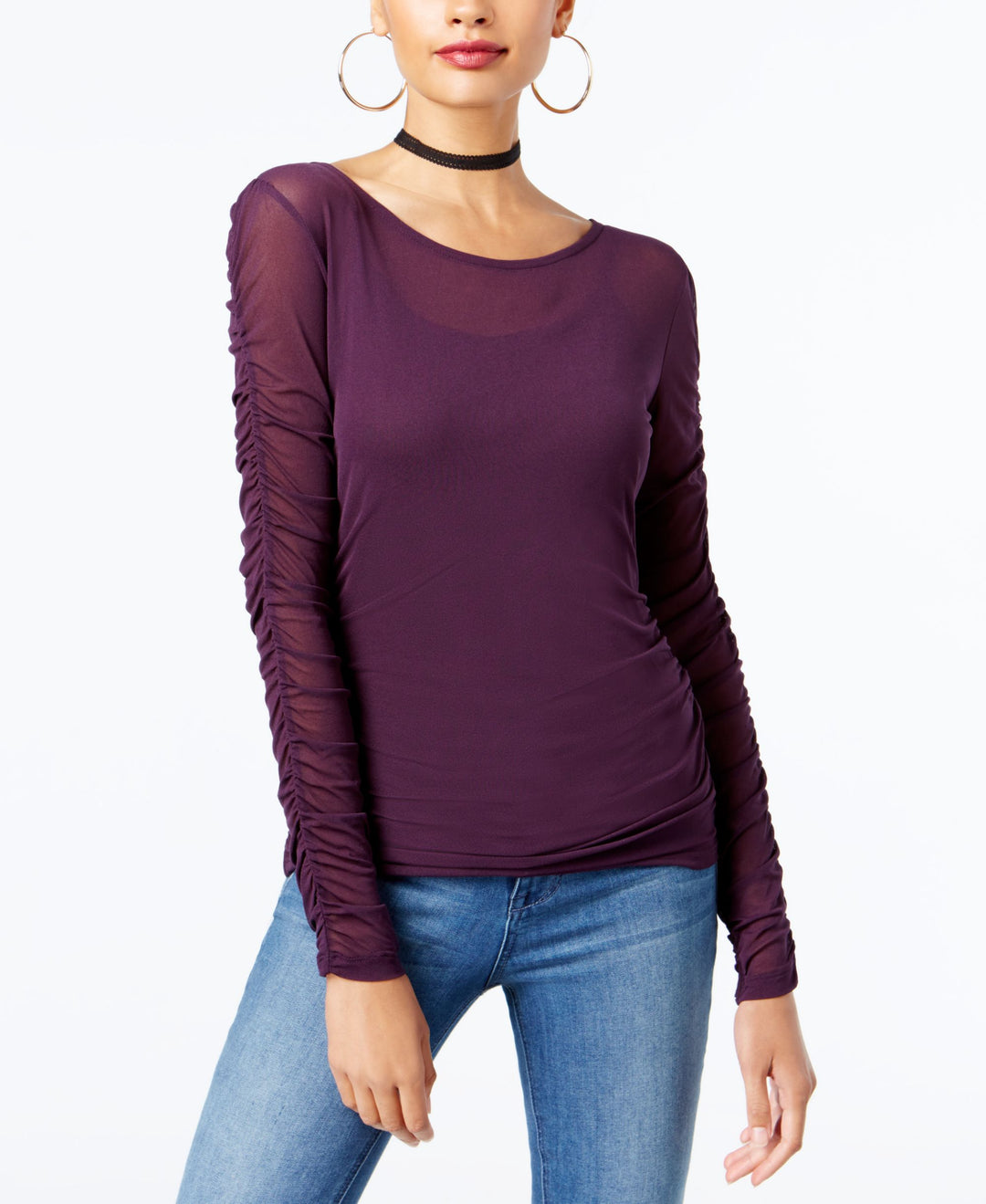 INC International Concepts Ruched Sleeve Mesh Illusion Top