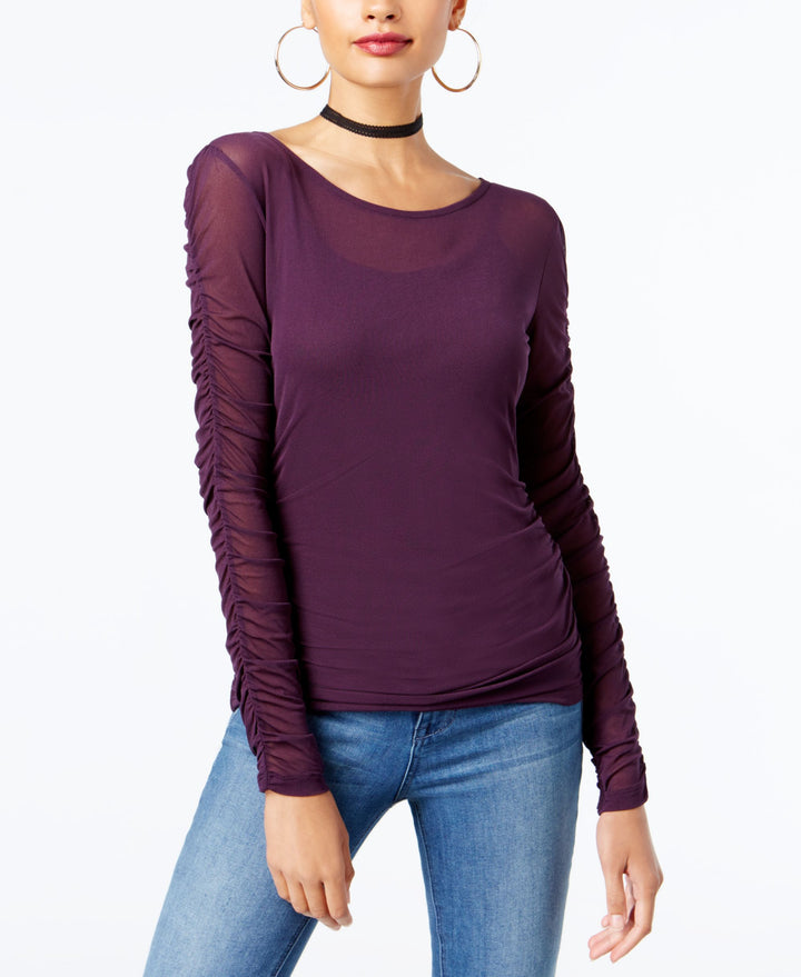 INC International Concepts Ruched Sleeve Mesh Illusion Top