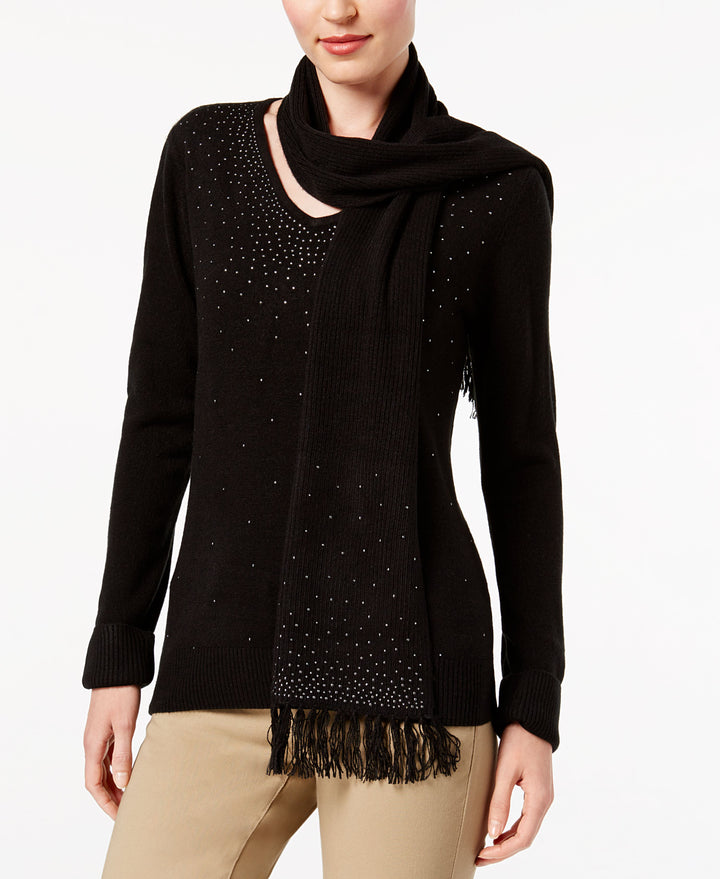 Karen Scott Luxsoft Studded Detachable Scarf Sweater