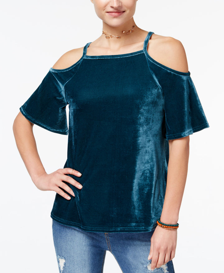 Juniors' Velvet Cold-Shoulder Top