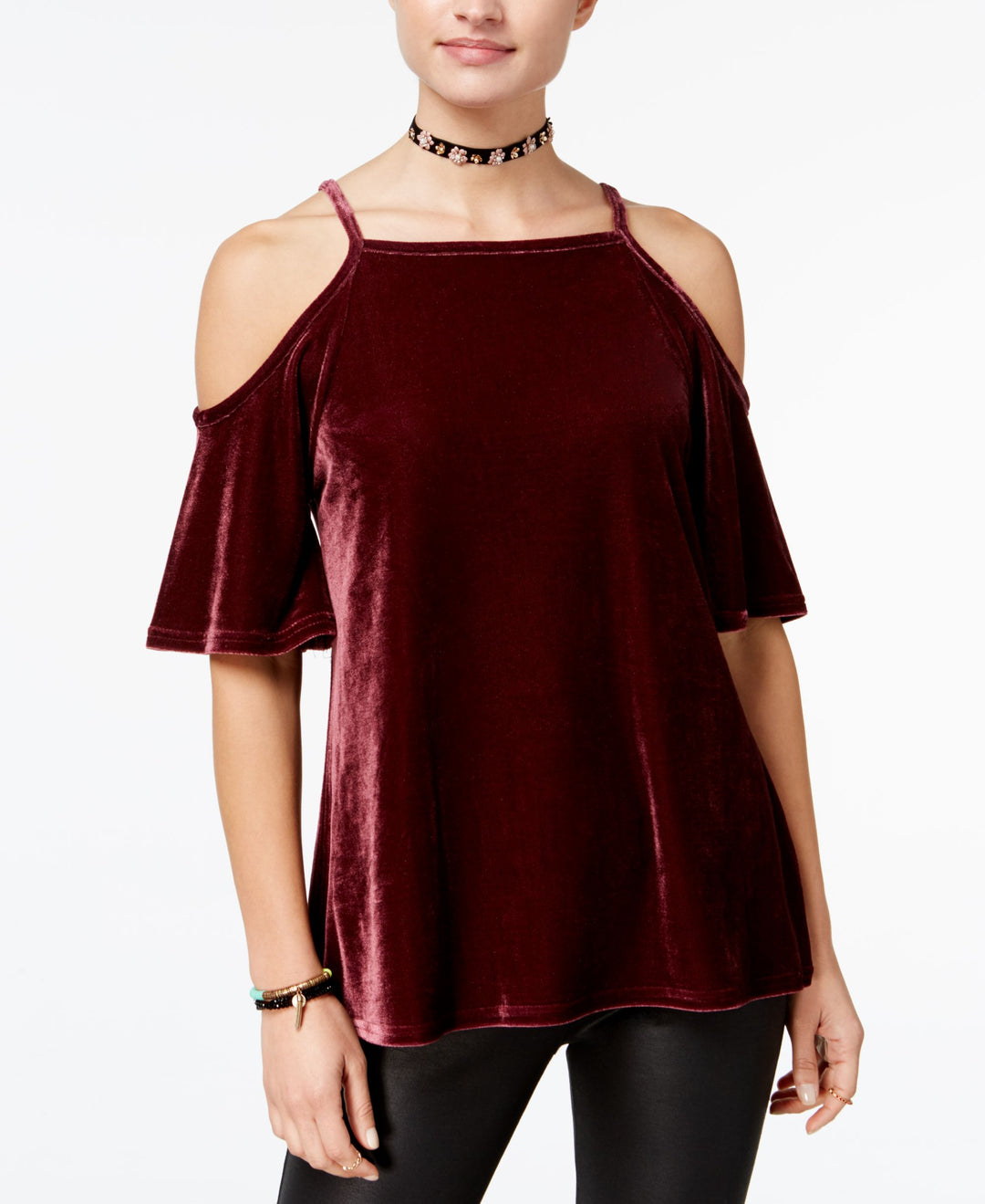 Juniors' Velvet Cold-Shoulder Top