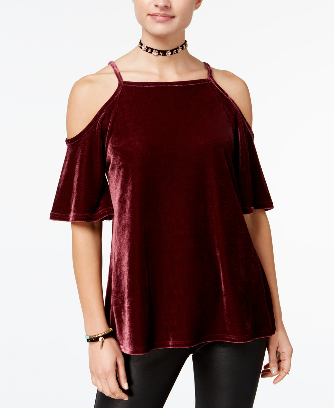 Juniors' Velvet Cold-Shoulder Top