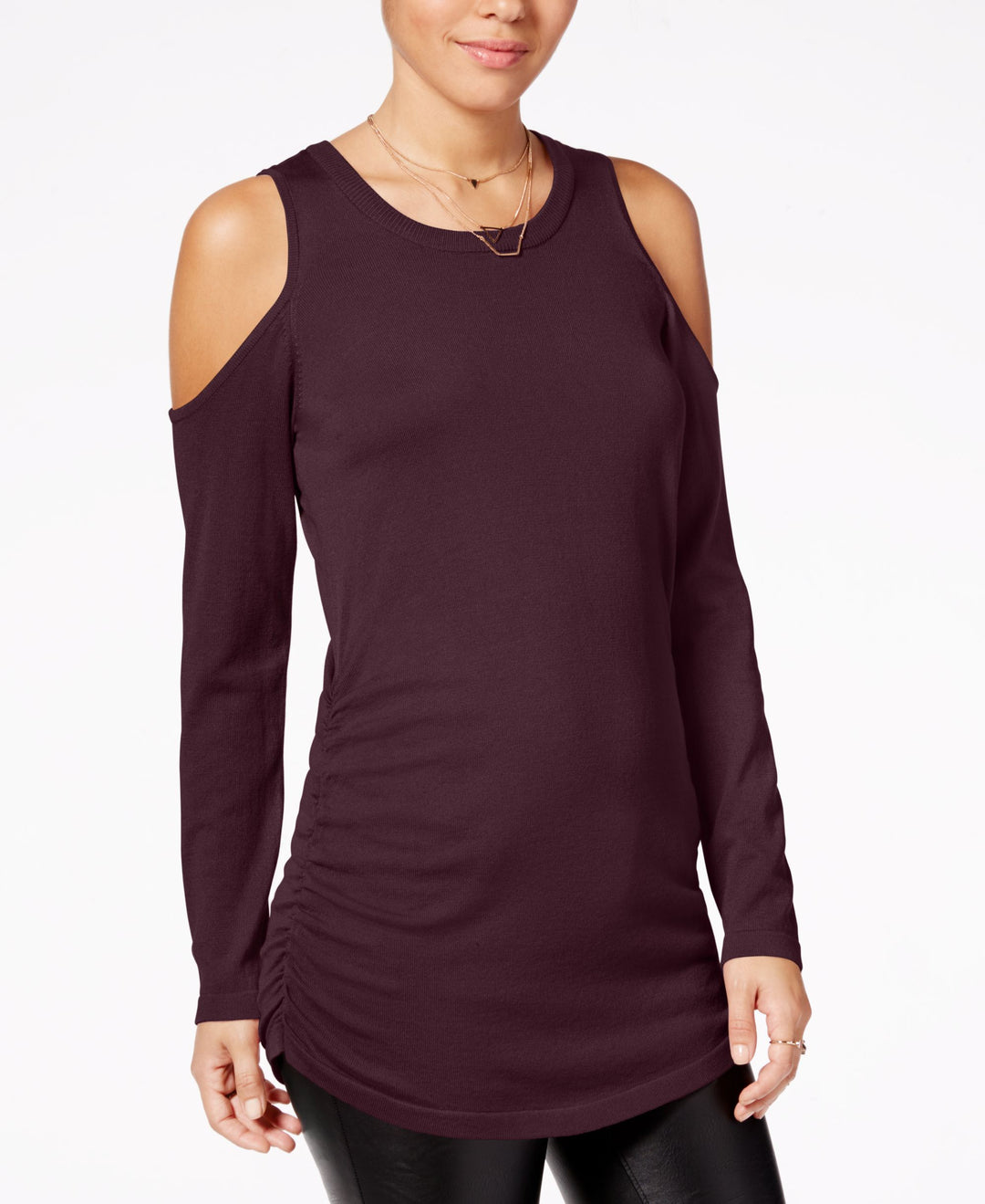 Juniors' Ruched Cold-Shoulder Sweater