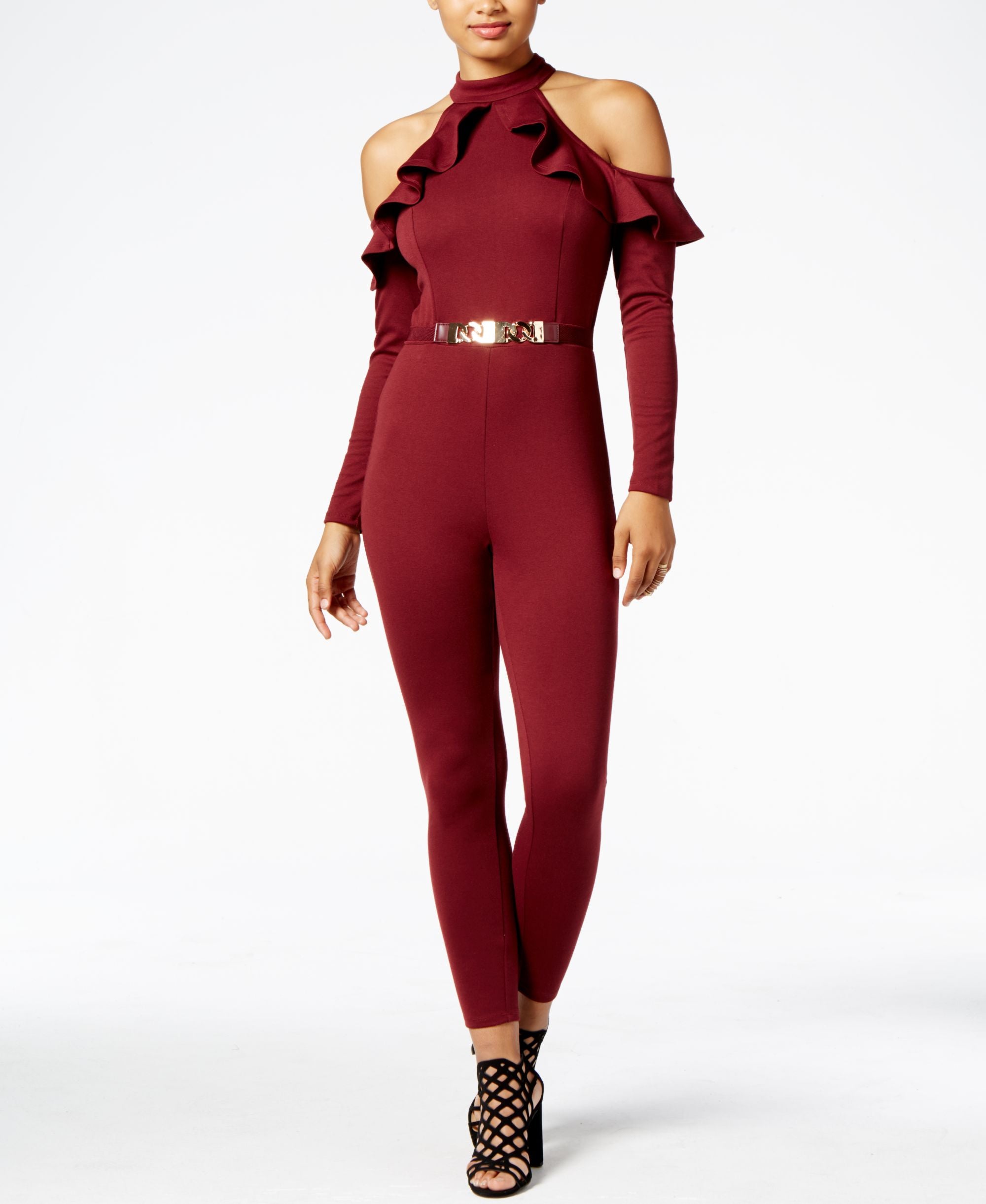 Material Girl Juniors Cold Shoulder Ruffled Jumpsuit