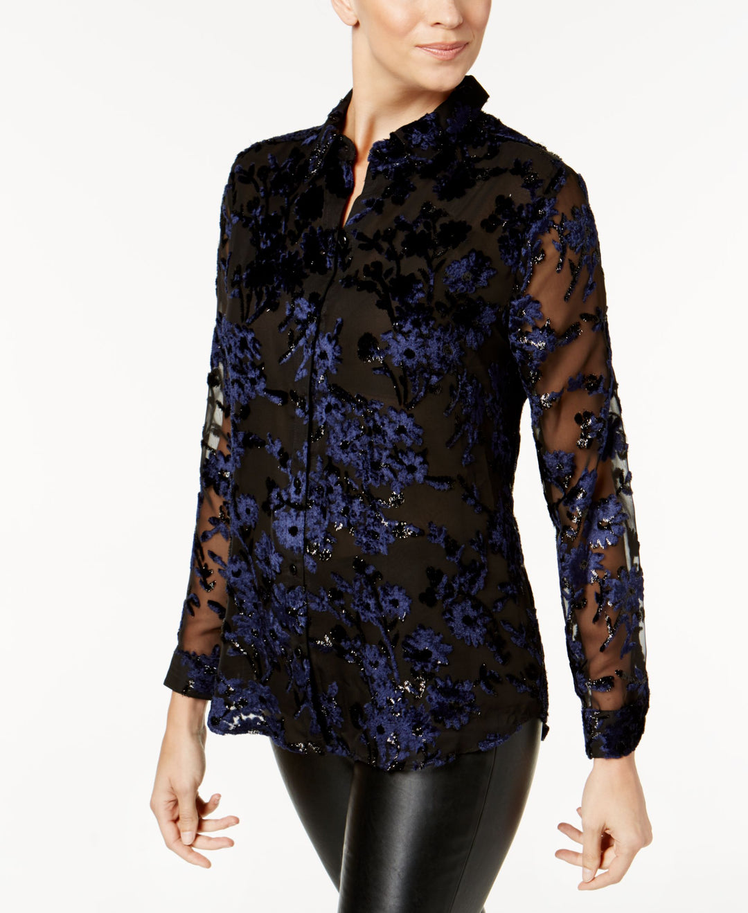 Charter Club Petite Flocked Button Down Blouse