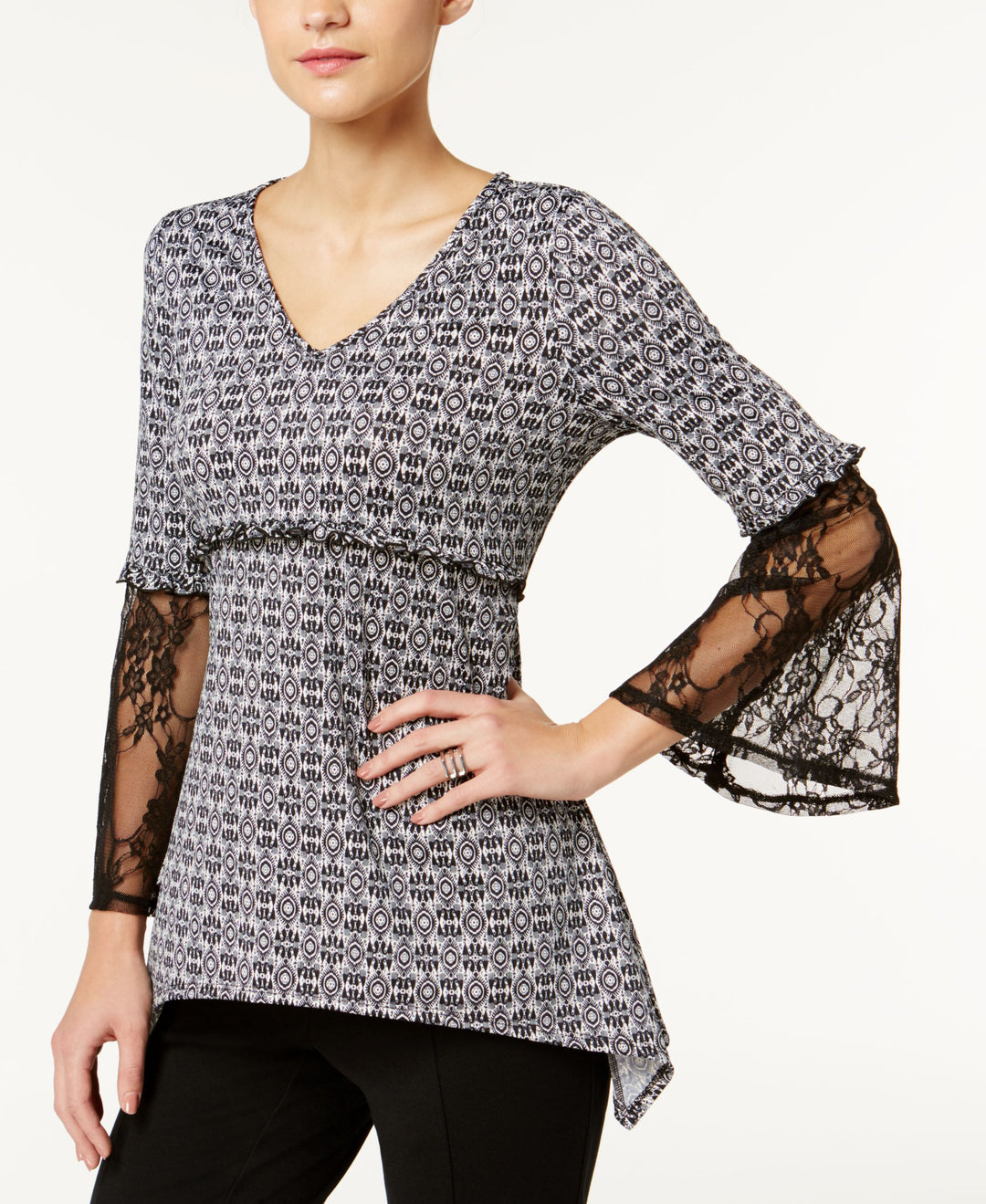 NY Collection Printed Lace Sleeve Top